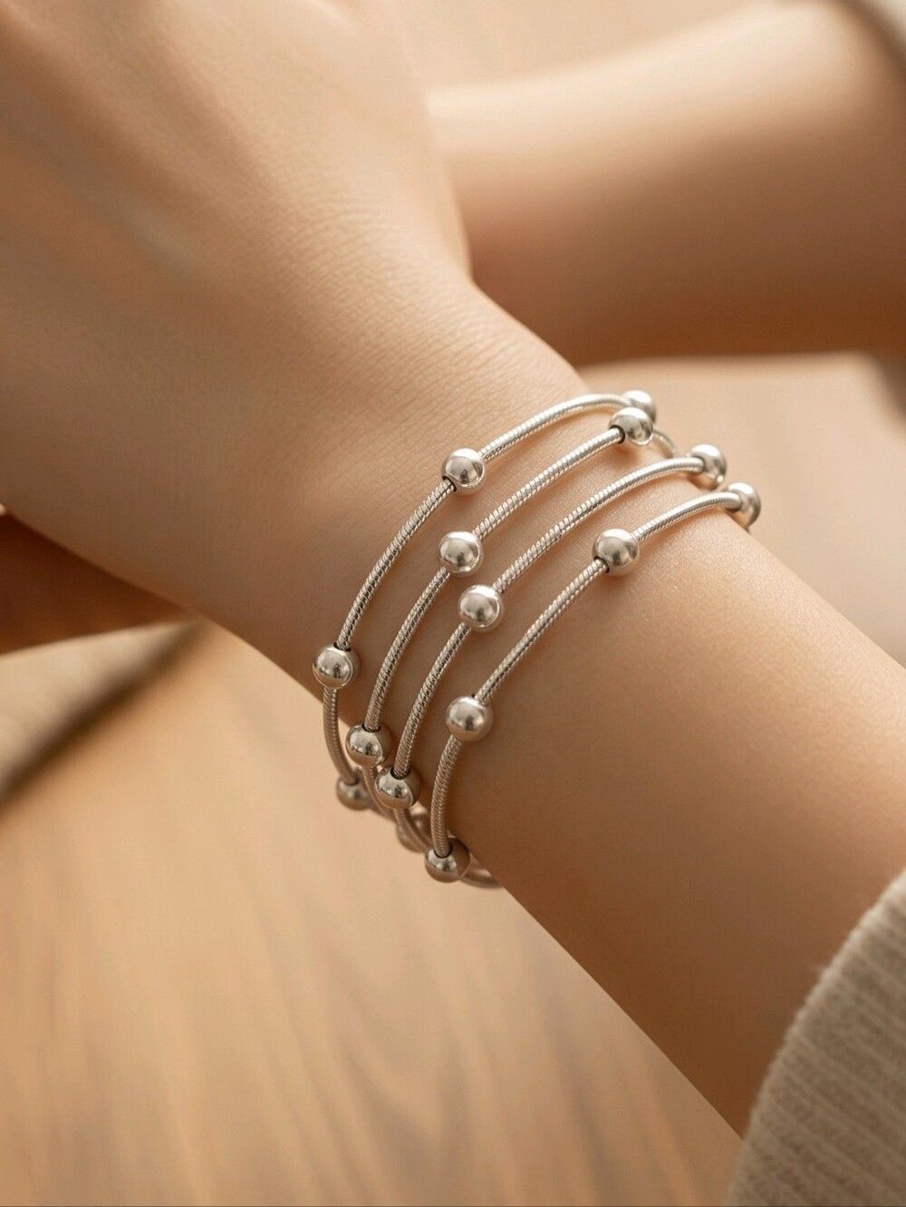 Sterling Silver Beaded Bracelet S925 Multi-layer Stacked Women's Wrist Jewelry